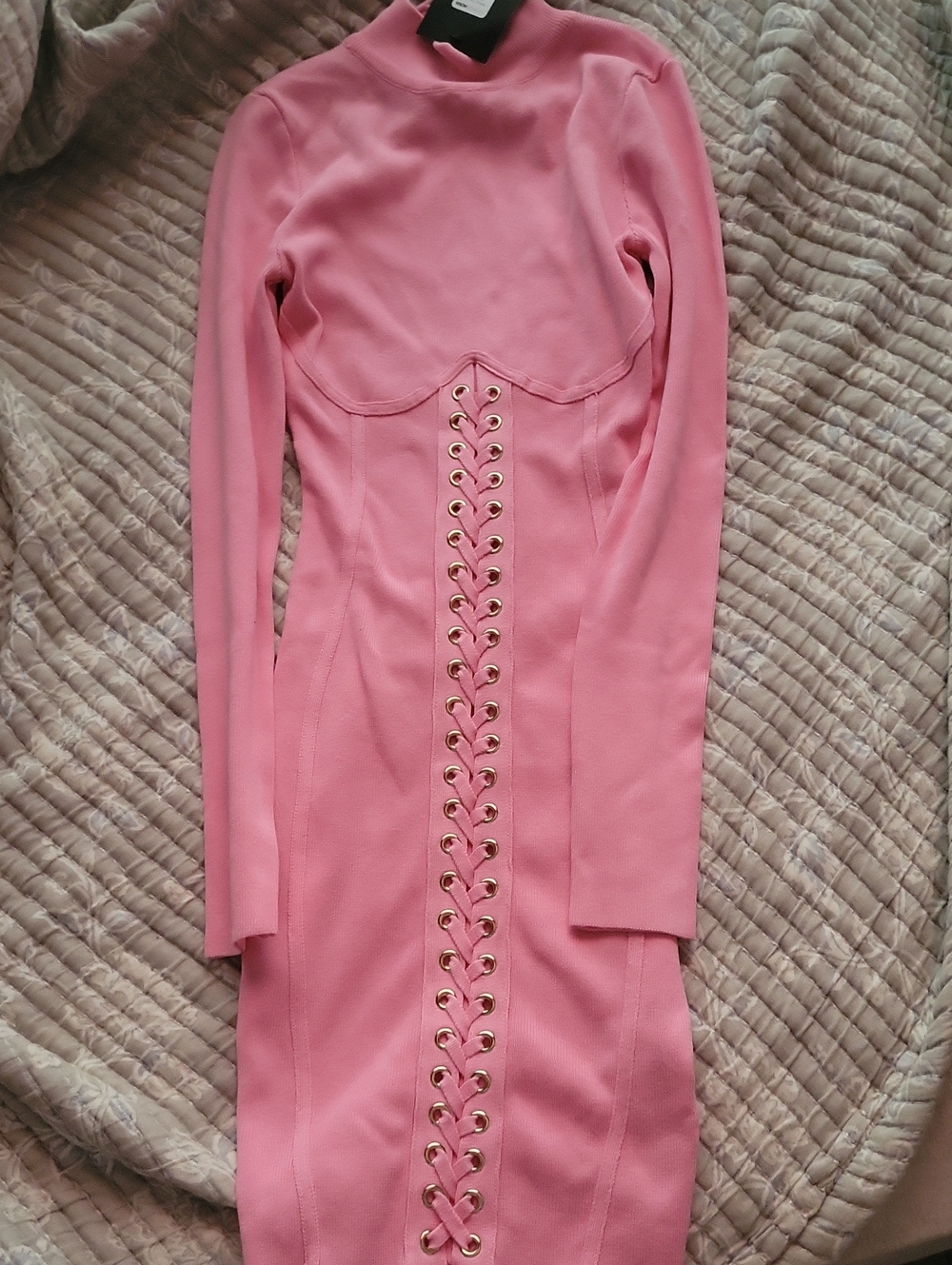 Fashion Nova Pink Long-Sleeve Lace-Up Bodycon Dress